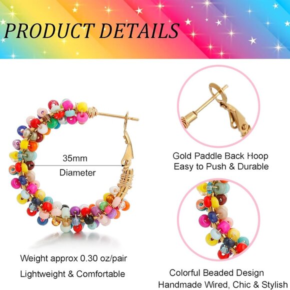 Colorful Beaded Floral Hoop Earrings for Women, Lightweight Stainless Steel Boho - Picture 5 of 6